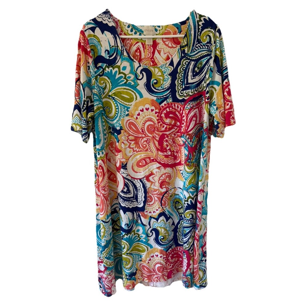 CHICOS Swing Jersey Dress Size 4 2X Scoop Neck Stretch Paisley COLORFUL